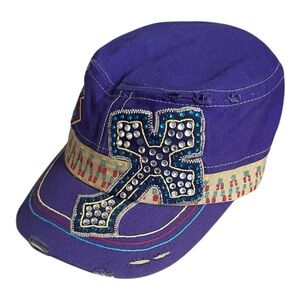 Rhinestone Cross Cadet Hat Purple L.O.G.A. Distressed Military Cap Adjustable